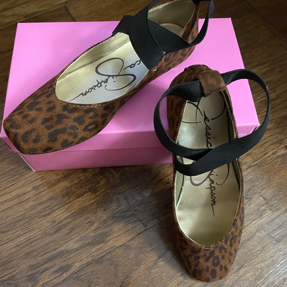 New! Jessica Simpson girls shoes size 13.5 black, leopard ballet flat with strap